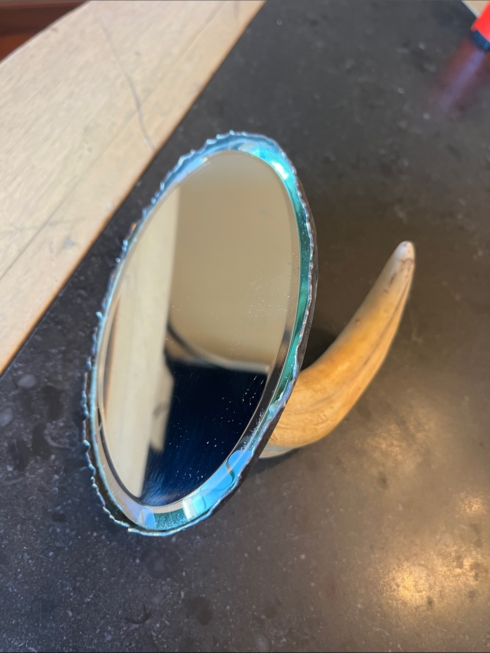 Antler Handle mirror with Ornate Metal Backplate and Gem Accents